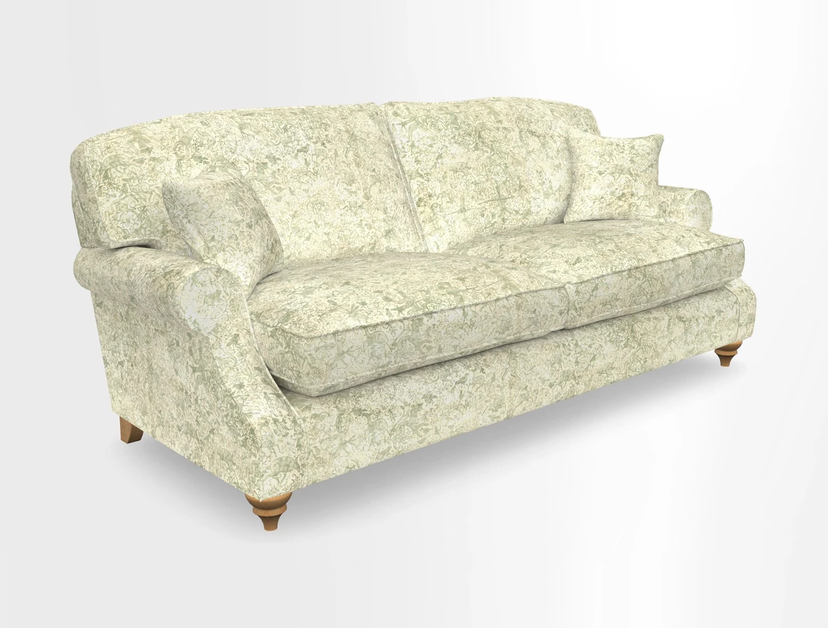 St Mawes 3 Seater Sofa in RHS Collection Gertrude Jekyll Trailing Vine Green-With-Scatters in Linwood Omega Velvet Hunter Green