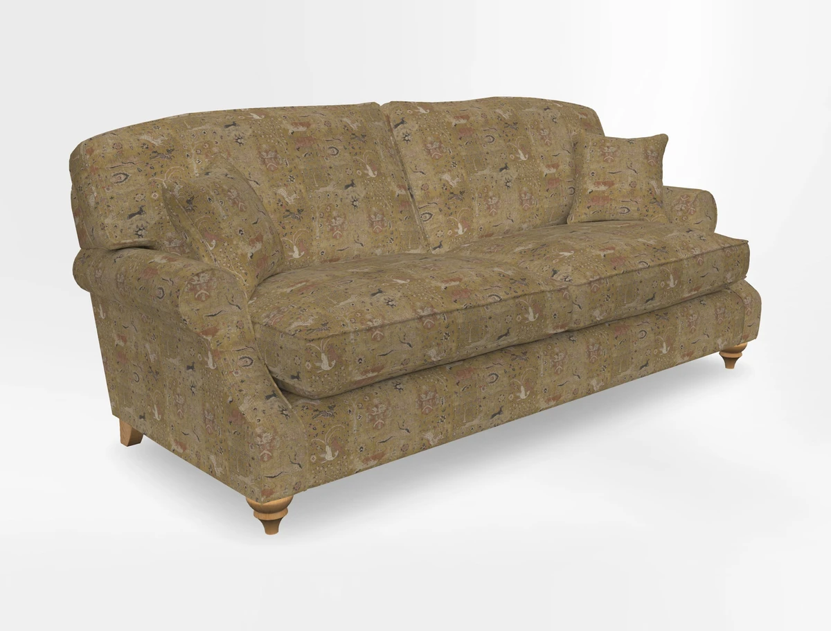St Mawes 3 Seater Sofa in RHS Collection Gertrude Jekyll Trailing Vine Green-With-Scatters in Linwood Omega Velvet Hunter Green