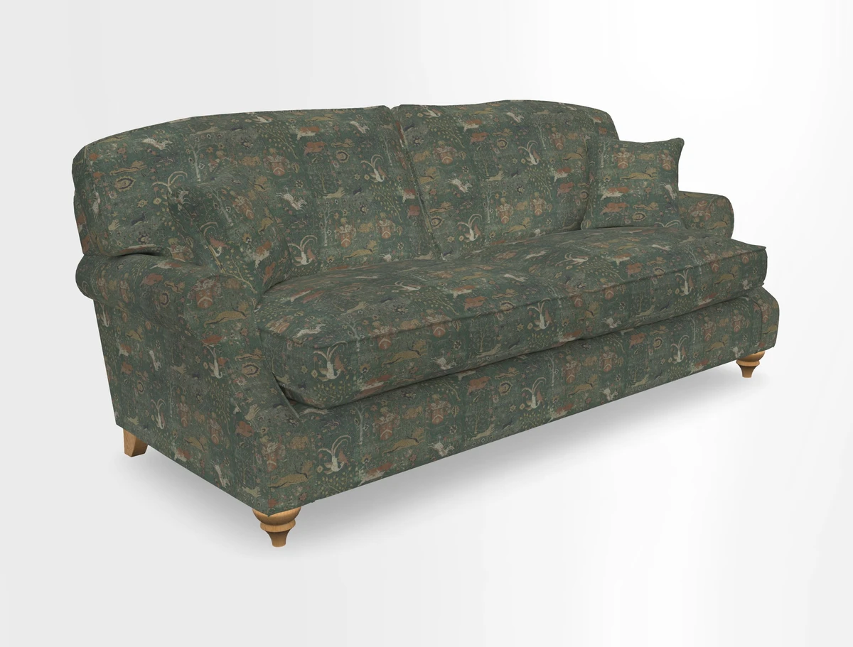 St Mawes 3 Seater Sofa in RHS Collection Gertrude Jekyll Trailing Vine Green-With-Scatters in Linwood Omega Velvet Hunter Green