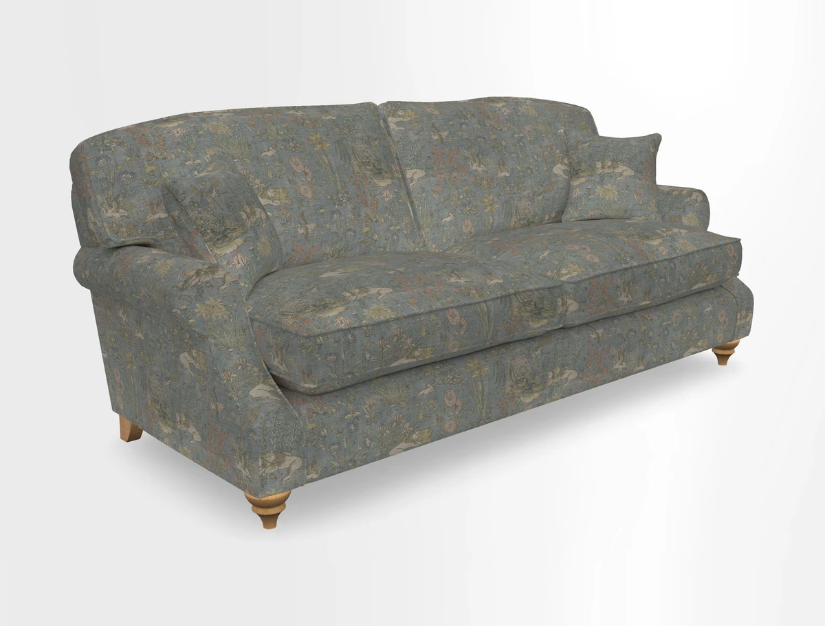 St Mawes 3 Seater Sofa in RHS Collection Gertrude Jekyll Trailing Vine Green-With-Scatters in Linwood Omega Velvet Hunter Green