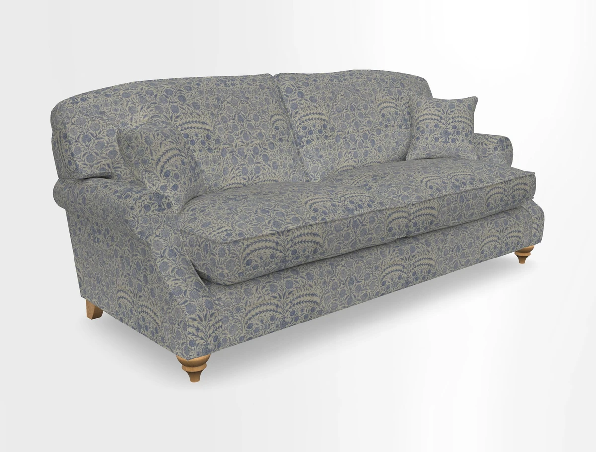 St Mawes 3 Seater Sofa in RHS Collection Gertrude Jekyll Trailing Vine Green-With-Scatters in Linwood Omega Velvet Hunter Green