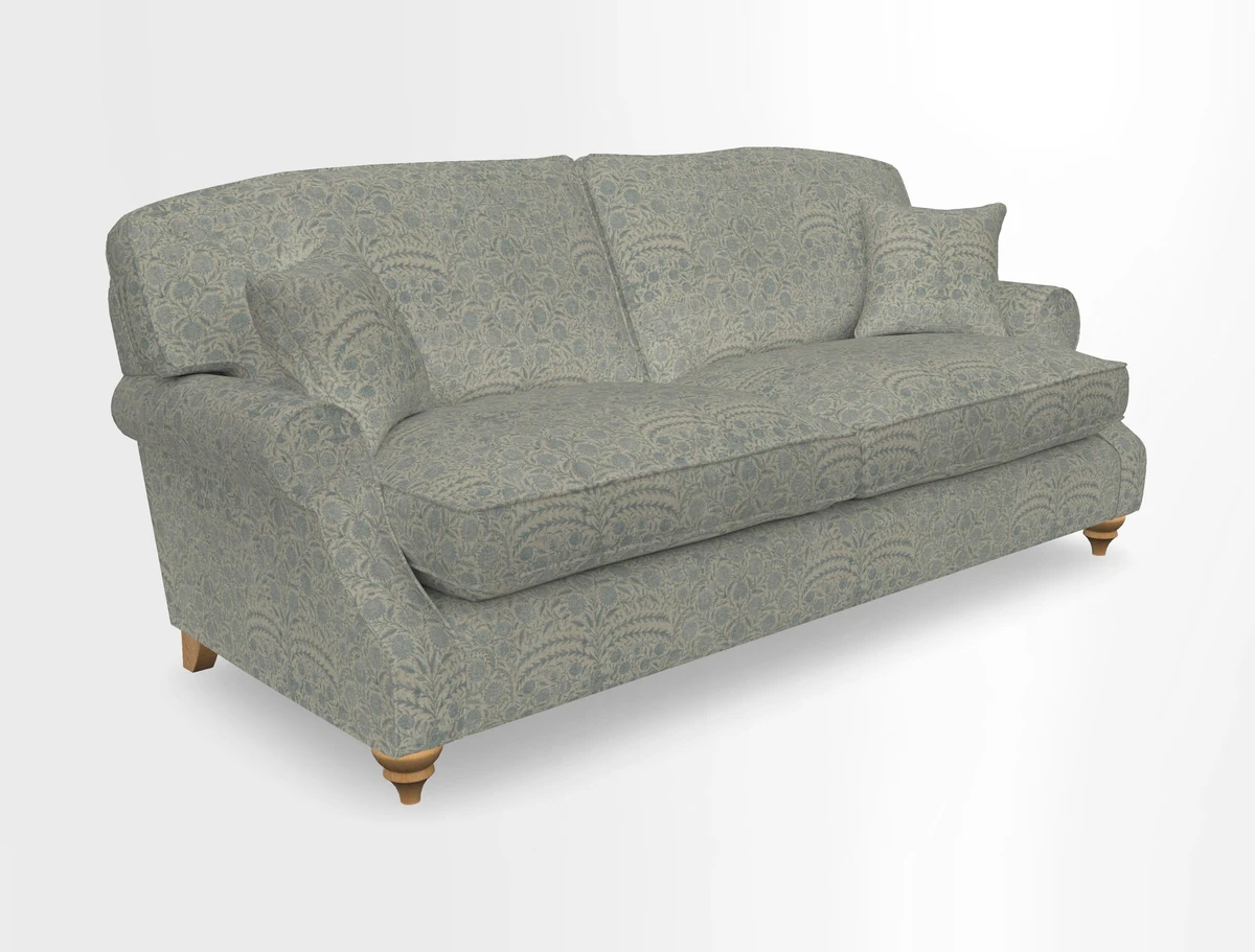 St Mawes 3 Seater Sofa in RHS Collection Gertrude Jekyll Trailing Vine Green-With-Scatters in Linwood Omega Velvet Hunter Green