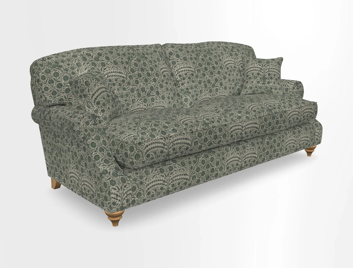 St Mawes 3 Seater Sofa in RHS Collection Gertrude Jekyll Trailing Vine Green-With-Scatters in Linwood Omega Velvet Hunter Green