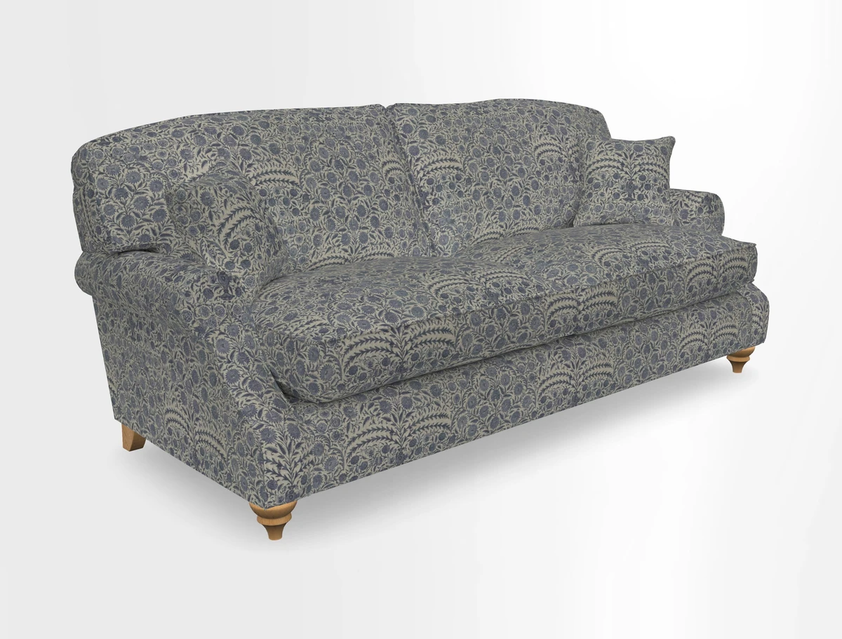 St Mawes 3 Seater Sofa in RHS Collection Gertrude Jekyll Trailing Vine Green-With-Scatters in Linwood Omega Velvet Hunter Green