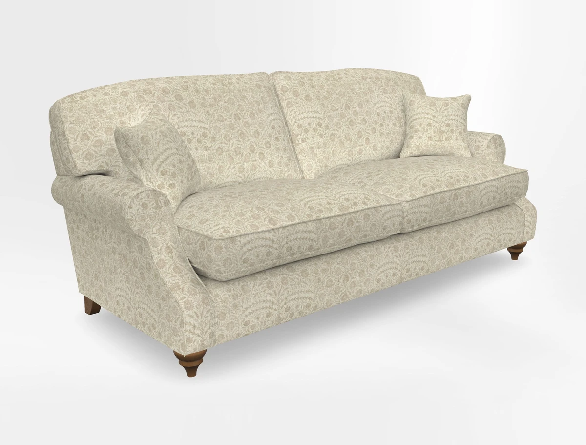 St Mawes 3 Seater Sofa in RHS Collection Gertrude Jekyll Trailing Vine Green-With-Scatters in Linwood Omega Velvet Hunter Green