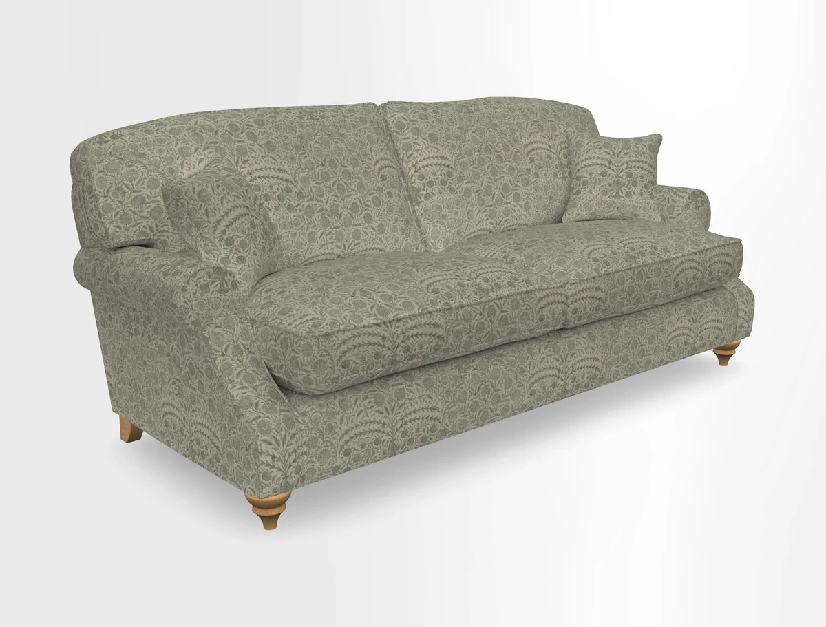 St Mawes 3 Seater Sofa in RHS Collection Gertrude Jekyll Trailing Vine Green-With-Scatters in Linwood Omega Velvet Hunter Green