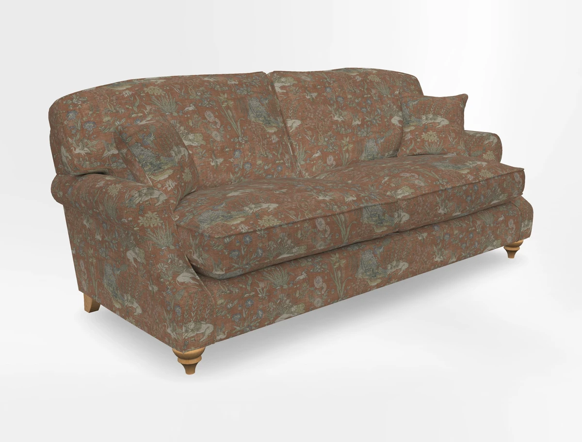 St Mawes 3 Seater Sofa in RHS Collection Gertrude Jekyll Trailing Vine Green-With-Scatters in Linwood Omega Velvet Hunter Green