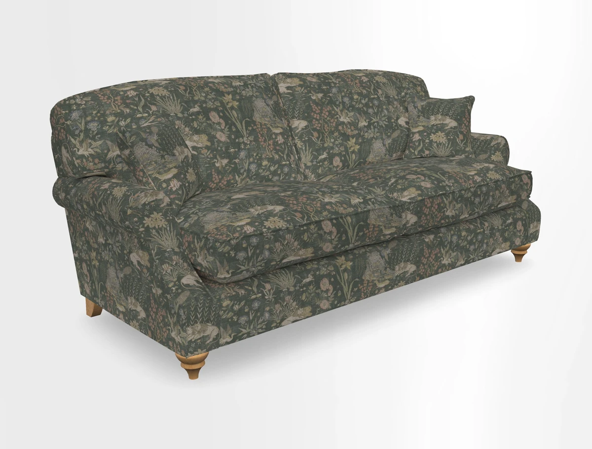 St Mawes 3 Seater Sofa in RHS Collection Gertrude Jekyll Trailing Vine Green-With-Scatters in Linwood Omega Velvet Hunter Green