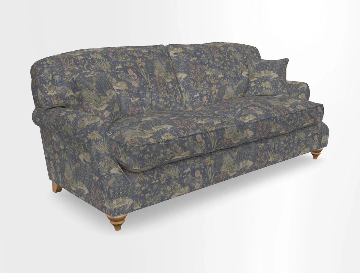 St Mawes 3 Seater Sofa in RHS Collection Gertrude Jekyll Trailing Vine Green-With-Scatters in Linwood Omega Velvet Hunter Green