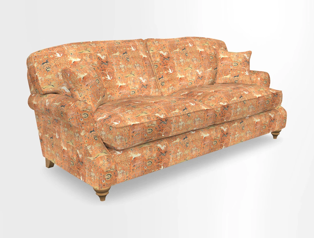 St Mawes 3 Seater Sofa in RHS Collection Gertrude Jekyll Trailing Vine Green-With-Scatters in Linwood Omega Velvet Hunter Green