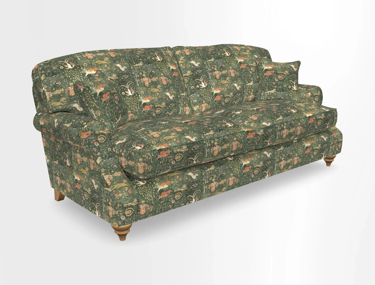St Mawes 3 Seater Sofa in RHS Collection Gertrude Jekyll Trailing Vine Green-With-Scatters in Linwood Omega Velvet Hunter Green
