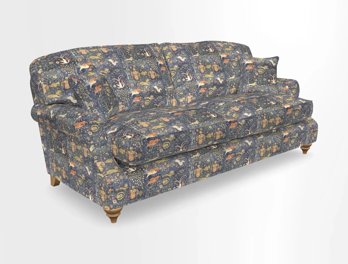 St Mawes 3 Seater Sofa in RHS Collection Gertrude Jekyll Trailing Vine Green-With-Scatters in Linwood Omega Velvet Hunter Green