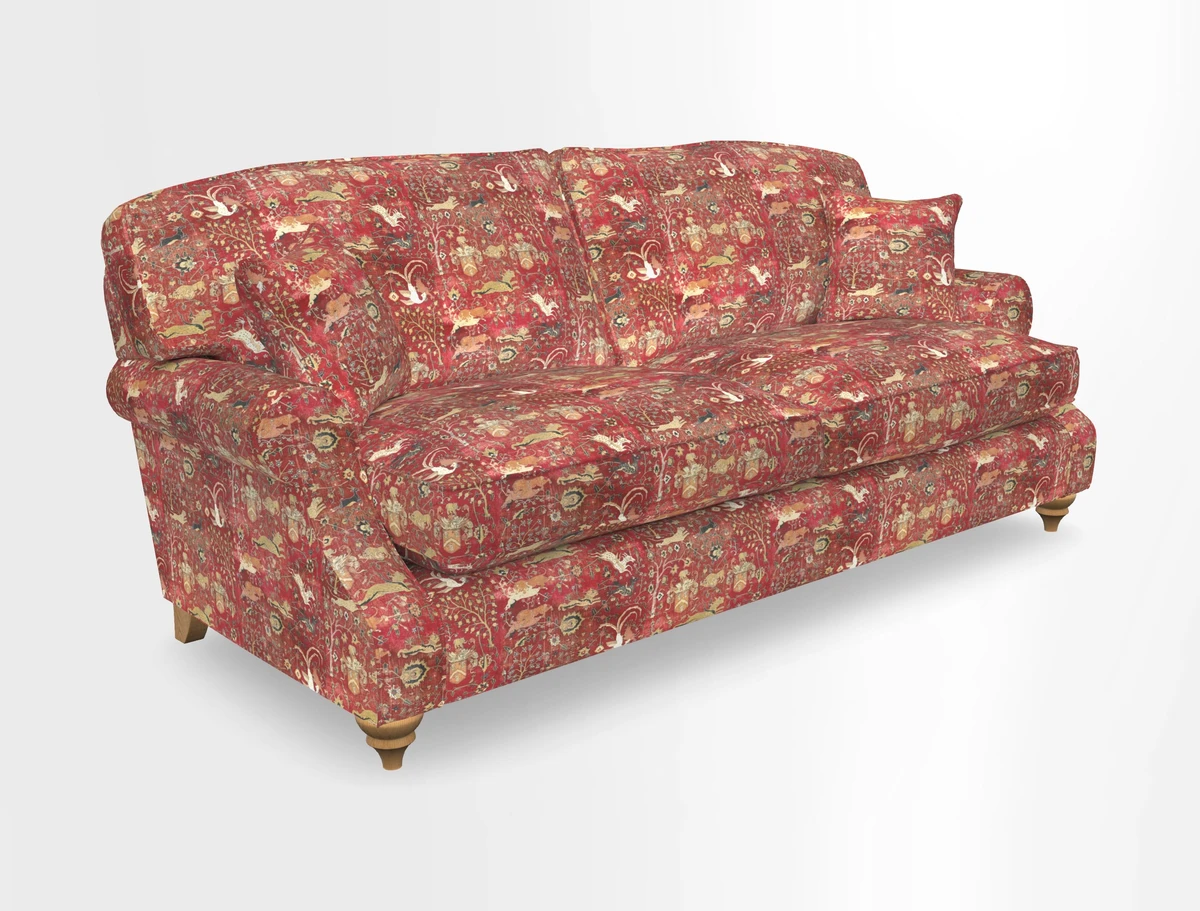 St Mawes 3 Seater Sofa in RHS Collection Gertrude Jekyll Trailing Vine Green-With-Scatters in Linwood Omega Velvet Hunter Green