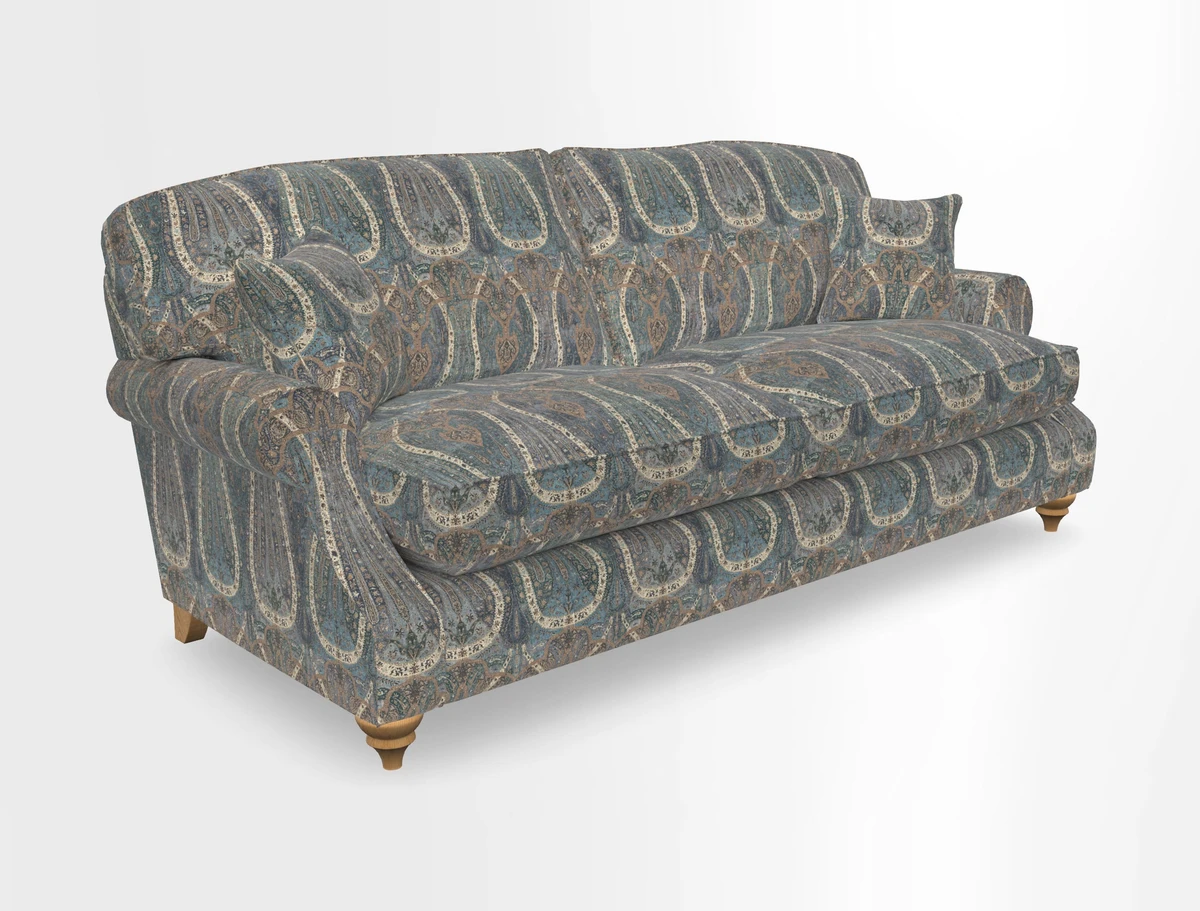 St Mawes 3 Seater Sofa in RHS Collection Gertrude Jekyll Trailing Vine Green-With-Scatters in Linwood Omega Velvet Hunter Green