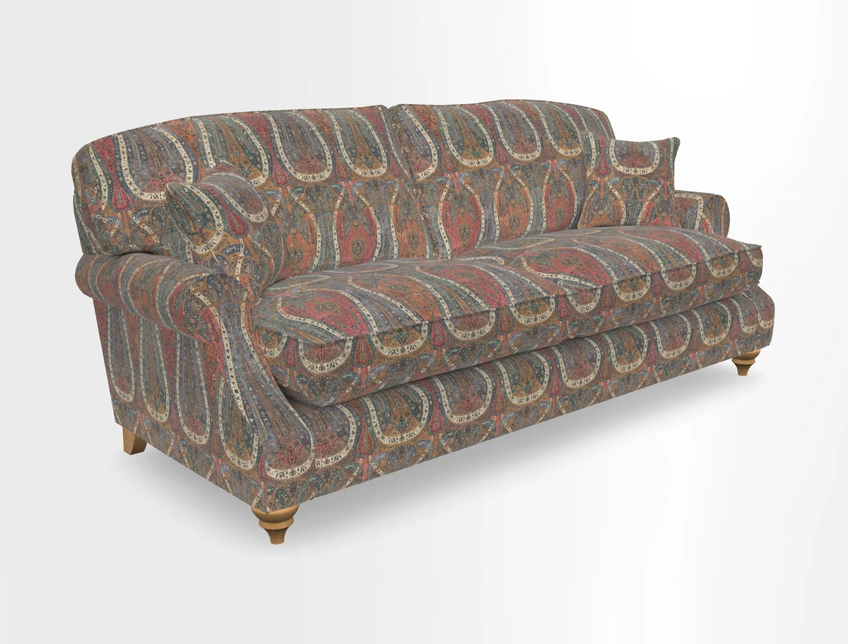 St Mawes 3 Seater Sofa in RHS Collection Gertrude Jekyll Trailing Vine Green-With-Scatters in Linwood Omega Velvet Hunter Green