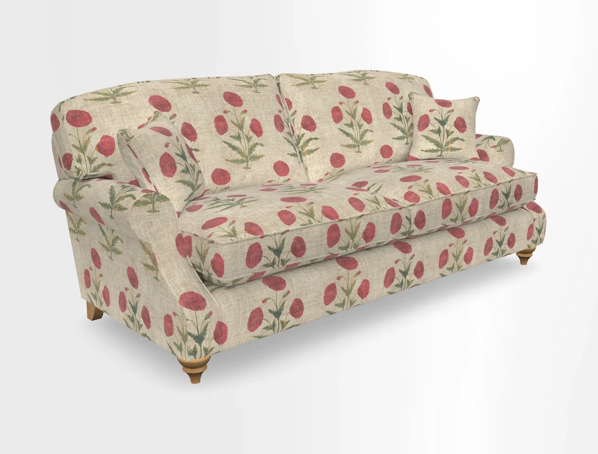 St Mawes 3 Seater Sofa in RHS Collection Gertrude Jekyll Trailing Vine Green-With-Scatters in Linwood Omega Velvet Hunter Green