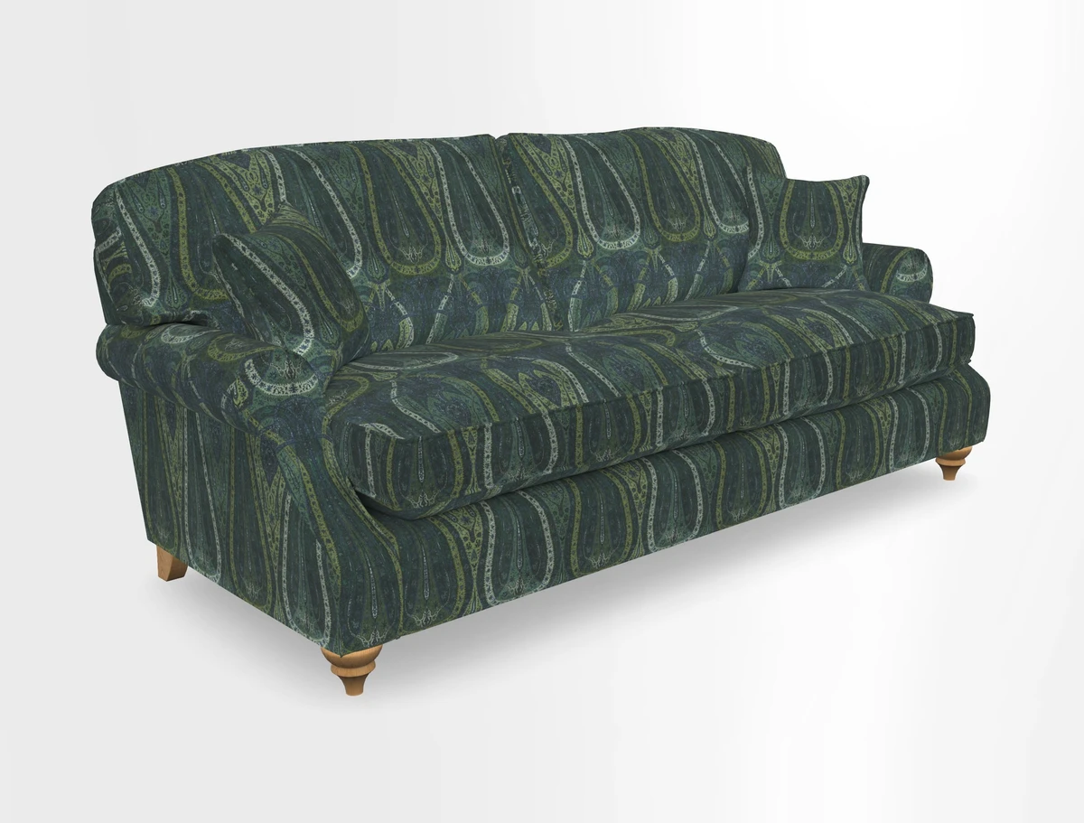 St Mawes 3 Seater Sofa in RHS Collection Gertrude Jekyll Trailing Vine Green-With-Scatters in Linwood Omega Velvet Hunter Green
