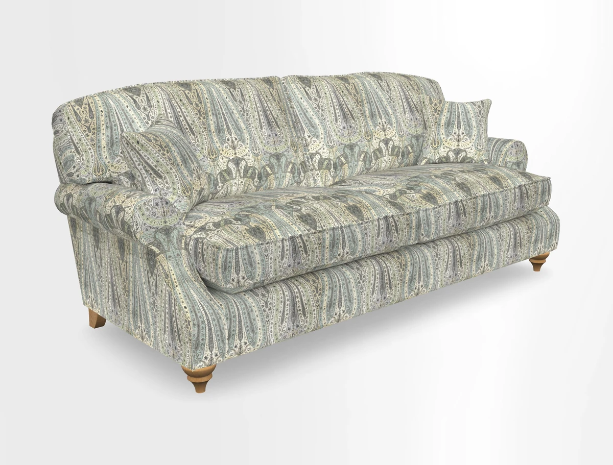 St Mawes 3 Seater Sofa in RHS Collection Gertrude Jekyll Trailing Vine Green-With-Scatters in Linwood Omega Velvet Hunter Green