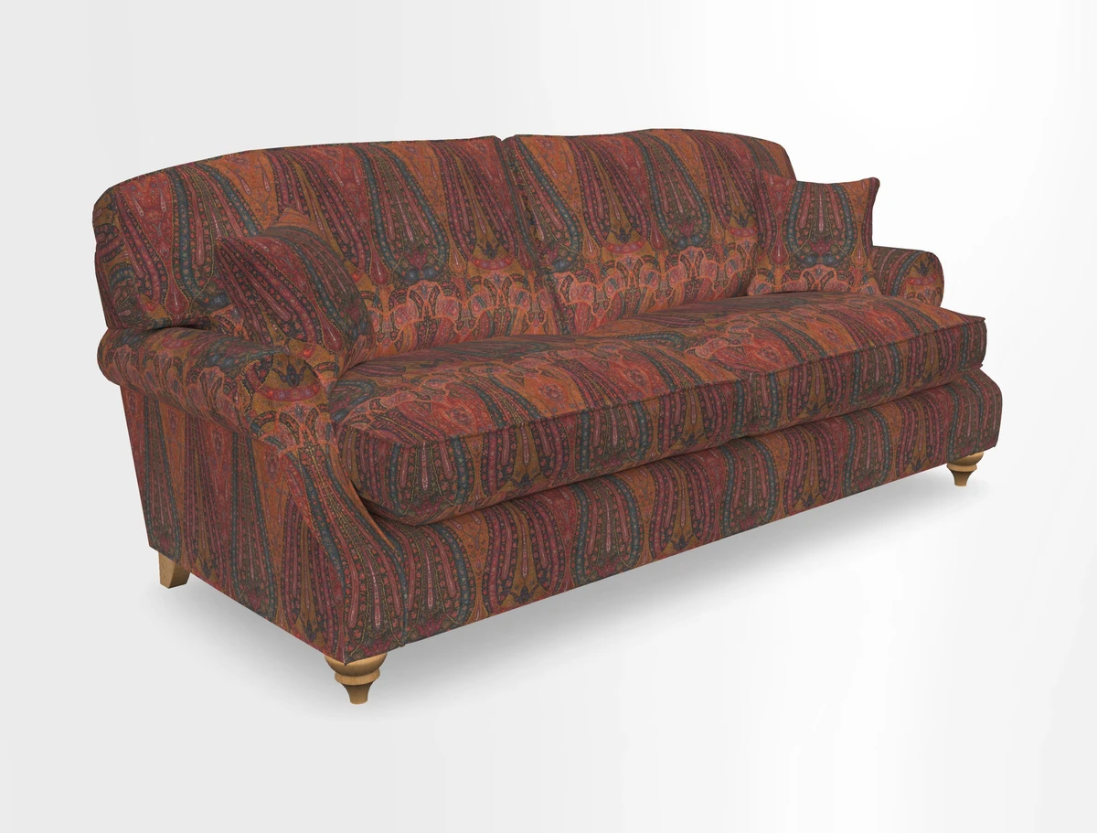 St Mawes 3 Seater Sofa in RHS Collection Gertrude Jekyll Trailing Vine Green-With-Scatters in Linwood Omega Velvet Hunter Green