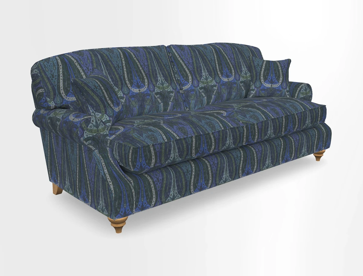 St Mawes 3 Seater Sofa in RHS Collection Gertrude Jekyll Trailing Vine Green-With-Scatters in Linwood Omega Velvet Hunter Green