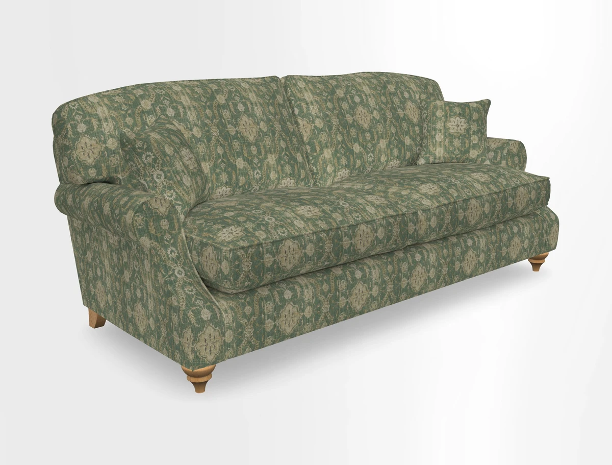 St Mawes 3 Seater Sofa in RHS Collection Gertrude Jekyll Trailing Vine Green-With-Scatters in Linwood Omega Velvet Hunter Green