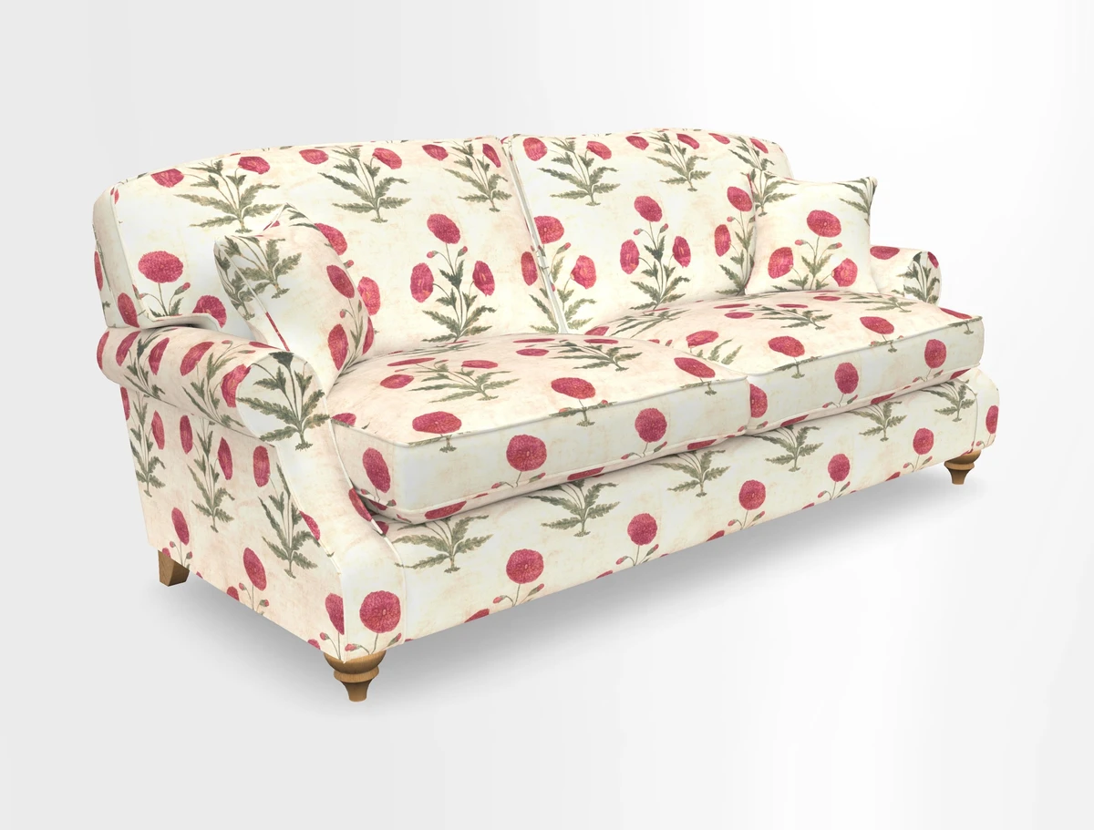 St Mawes 3 Seater Sofa in RHS Collection Gertrude Jekyll Trailing Vine Green-With-Scatters in Linwood Omega Velvet Hunter Green