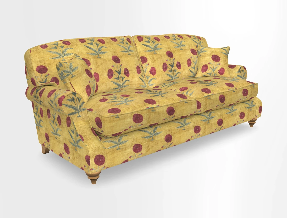 St Mawes 3 Seater Sofa in RHS Collection Gertrude Jekyll Trailing Vine Green-With-Scatters in Linwood Omega Velvet Hunter Green