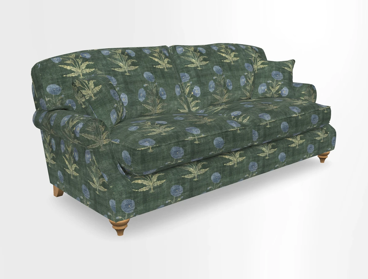 St Mawes 3 Seater Sofa in RHS Collection Gertrude Jekyll Trailing Vine Green-With-Scatters in Linwood Omega Velvet Hunter Green