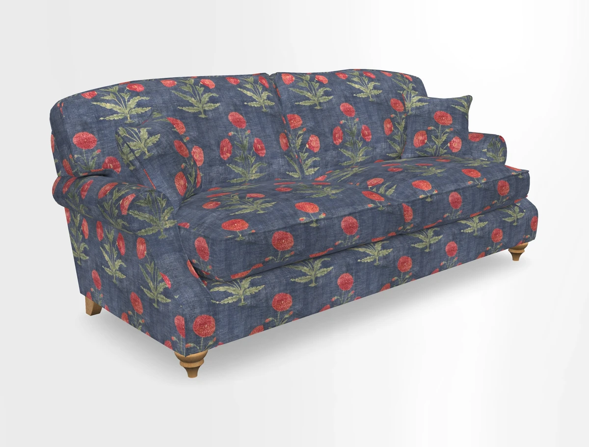 St Mawes 3 Seater Sofa in RHS Collection Gertrude Jekyll Trailing Vine Green-With-Scatters in Linwood Omega Velvet Hunter Green