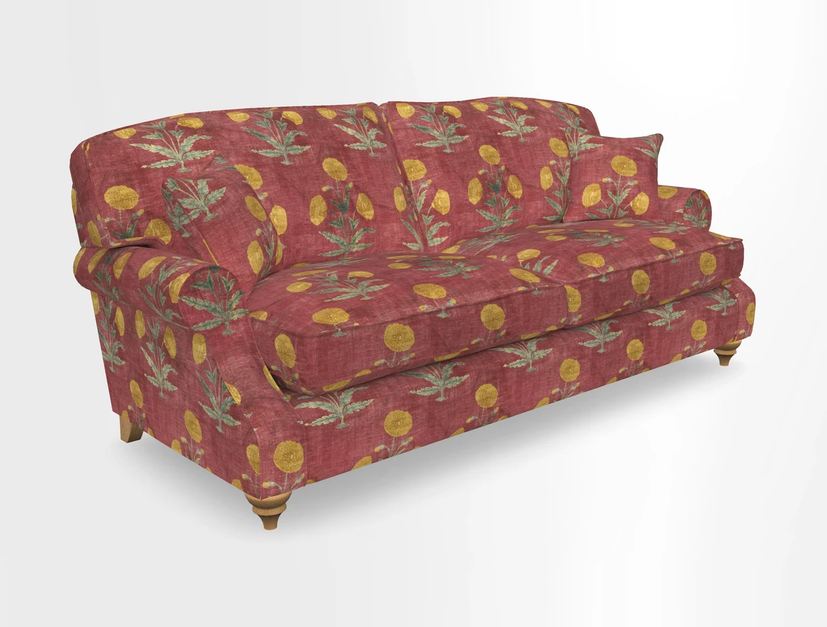 St Mawes 3 Seater Sofa in RHS Collection Gertrude Jekyll Trailing Vine Green-With-Scatters in Linwood Omega Velvet Hunter Green