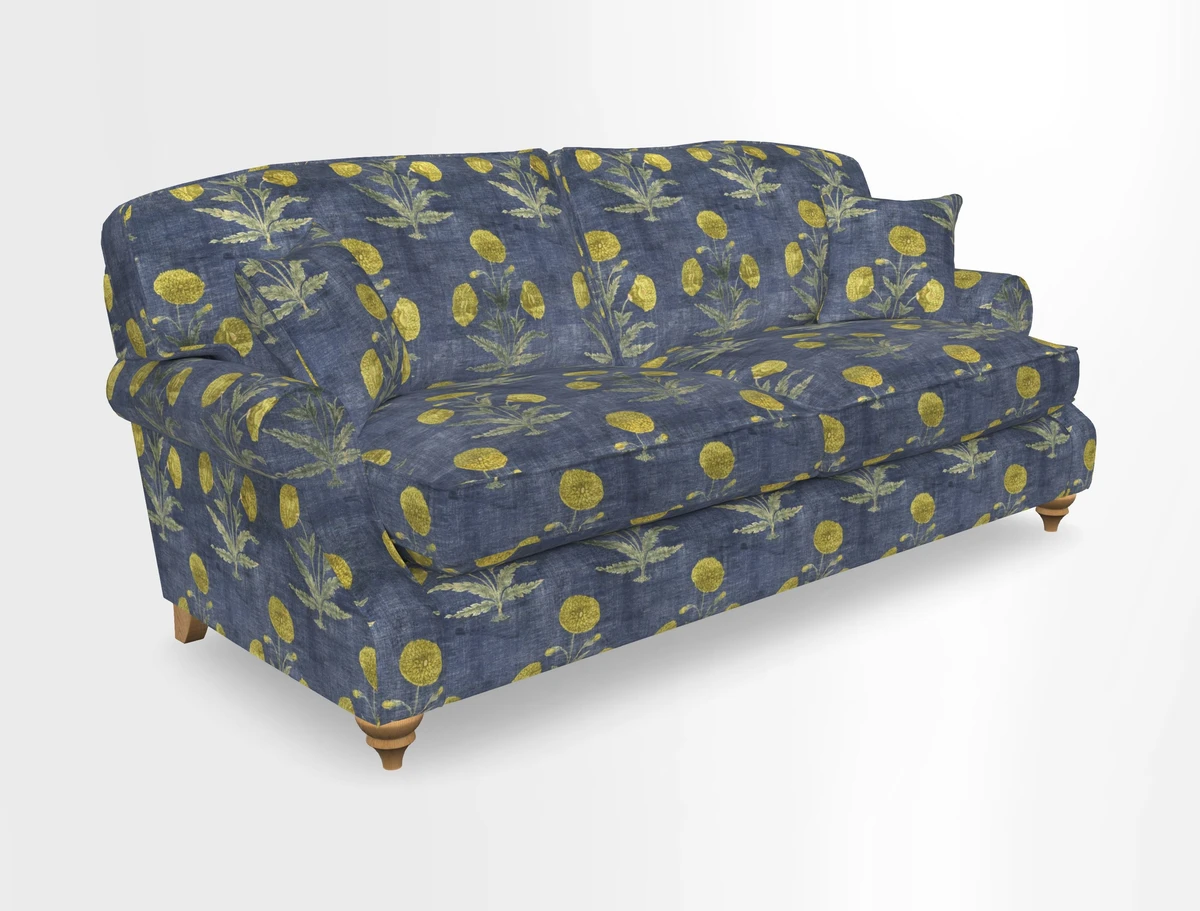 St Mawes 3 Seater Sofa in RHS Collection Gertrude Jekyll Trailing Vine Green-With-Scatters in Linwood Omega Velvet Hunter Green