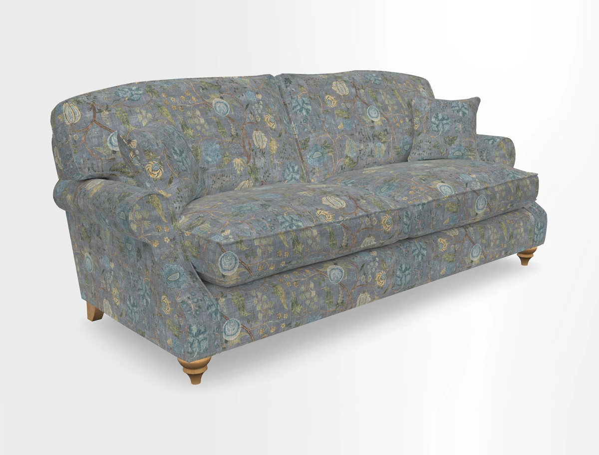 St Mawes 3 Seater Sofa in RHS Collection Gertrude Jekyll Trailing Vine Green-With-Scatters in Linwood Omega Velvet Hunter Green