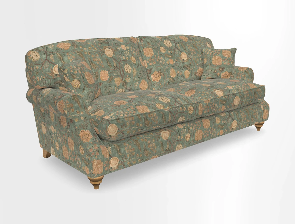 St Mawes 3 Seater Sofa in RHS Collection Gertrude Jekyll Trailing Vine Green-With-Scatters in Linwood Omega Velvet Hunter Green