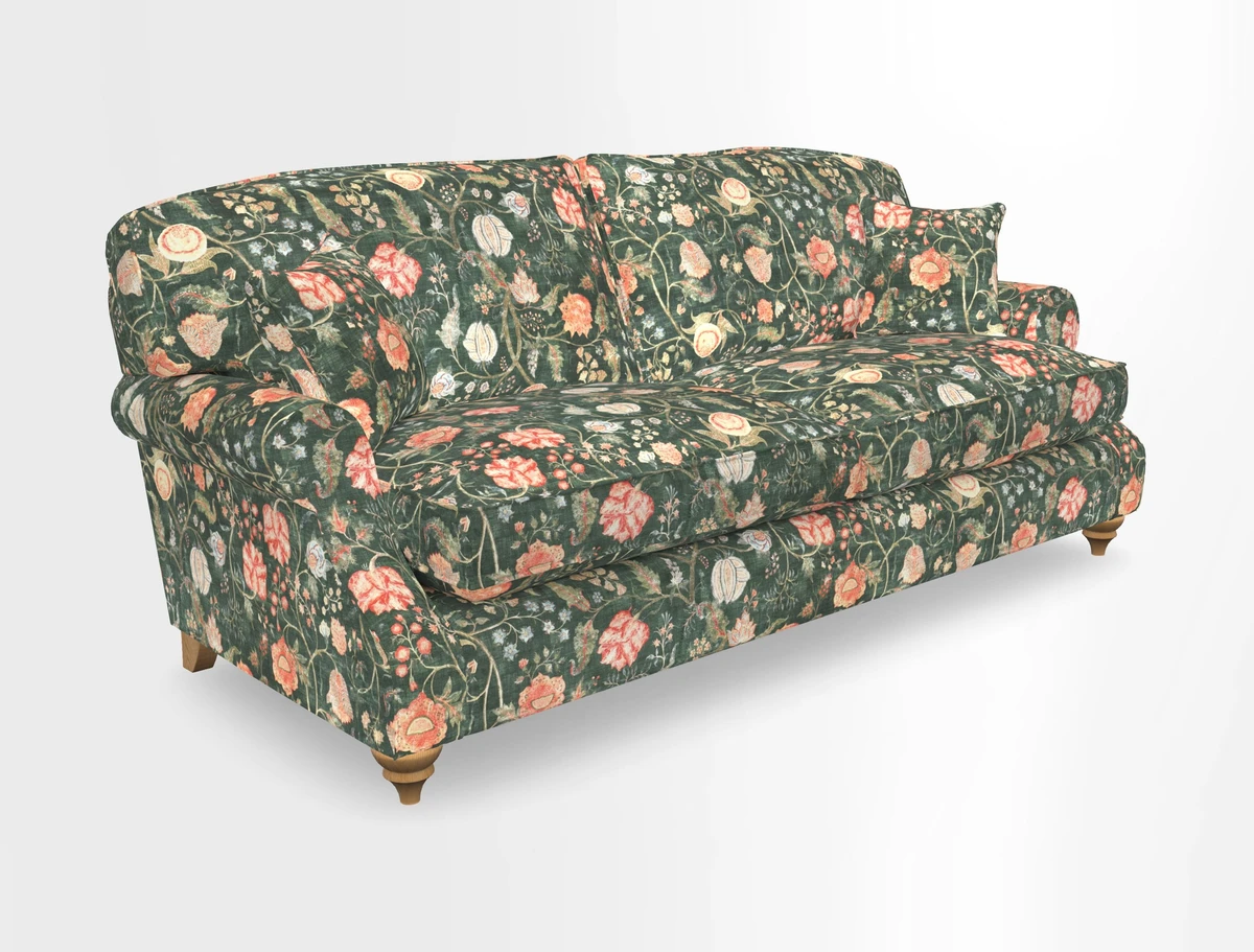 St Mawes 3 Seater Sofa in RHS Collection Gertrude Jekyll Trailing Vine Green-With-Scatters in Linwood Omega Velvet Hunter Green