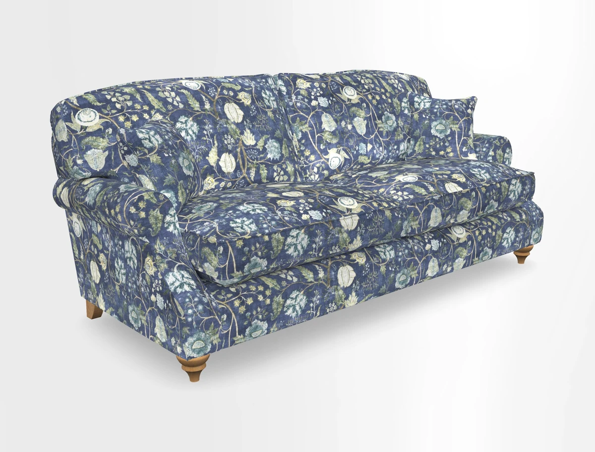 St Mawes 3 Seater Sofa in RHS Collection Gertrude Jekyll Trailing Vine Green-With-Scatters in Linwood Omega Velvet Hunter Green