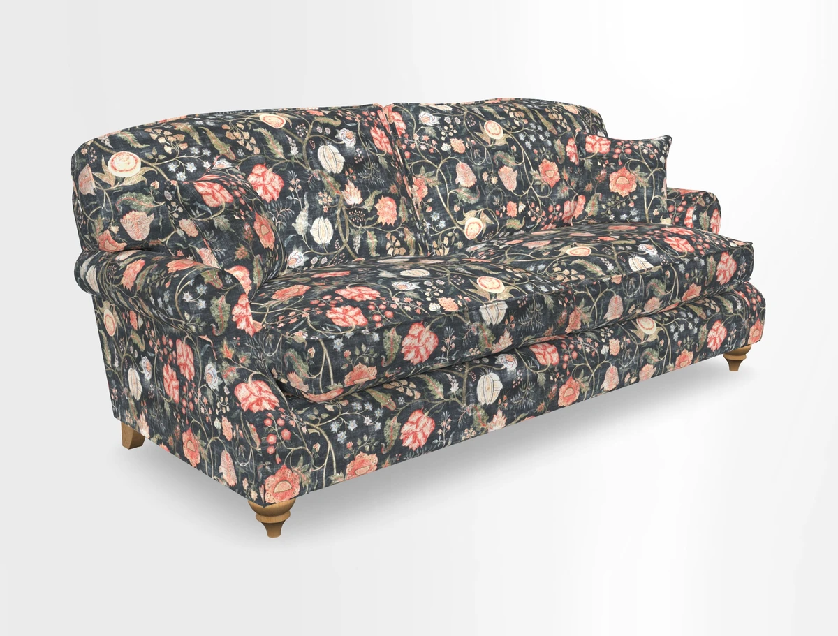 St Mawes 3 Seater Sofa in RHS Collection Gertrude Jekyll Trailing Vine Green-With-Scatters in Linwood Omega Velvet Hunter Green