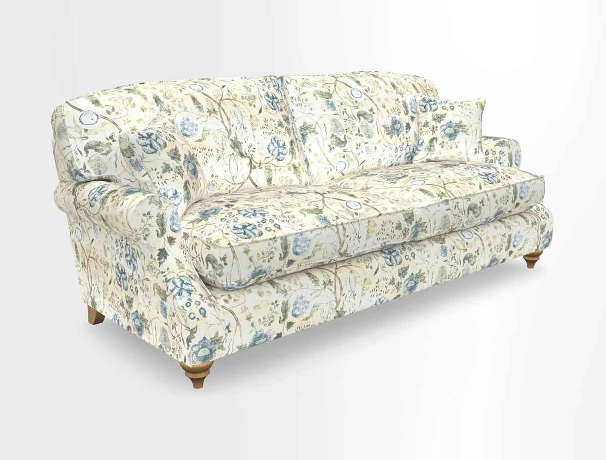 St Mawes 3 Seater Sofa in RHS Collection Gertrude Jekyll Trailing Vine Green-With-Scatters in Linwood Omega Velvet Hunter Green