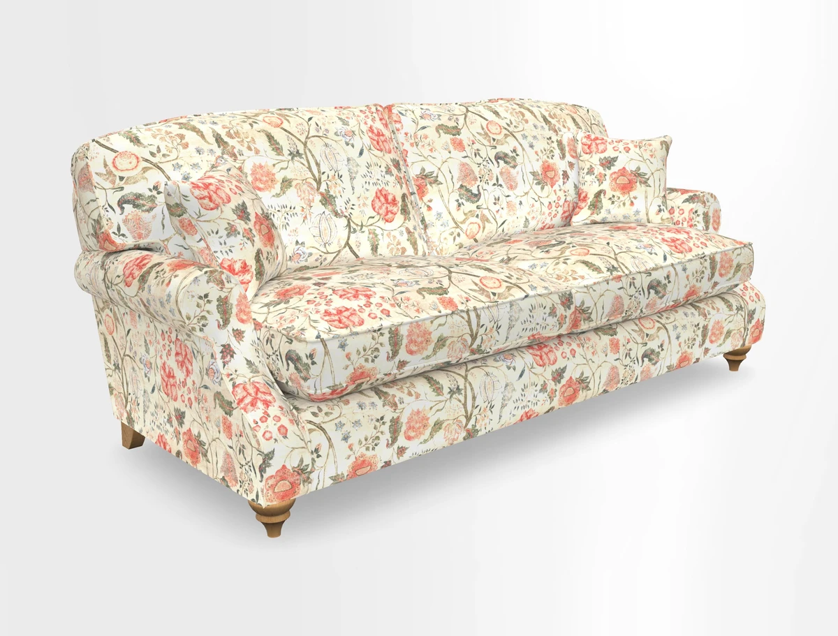 St Mawes 3 Seater Sofa in RHS Collection Gertrude Jekyll Trailing Vine Green-With-Scatters in Linwood Omega Velvet Hunter Green