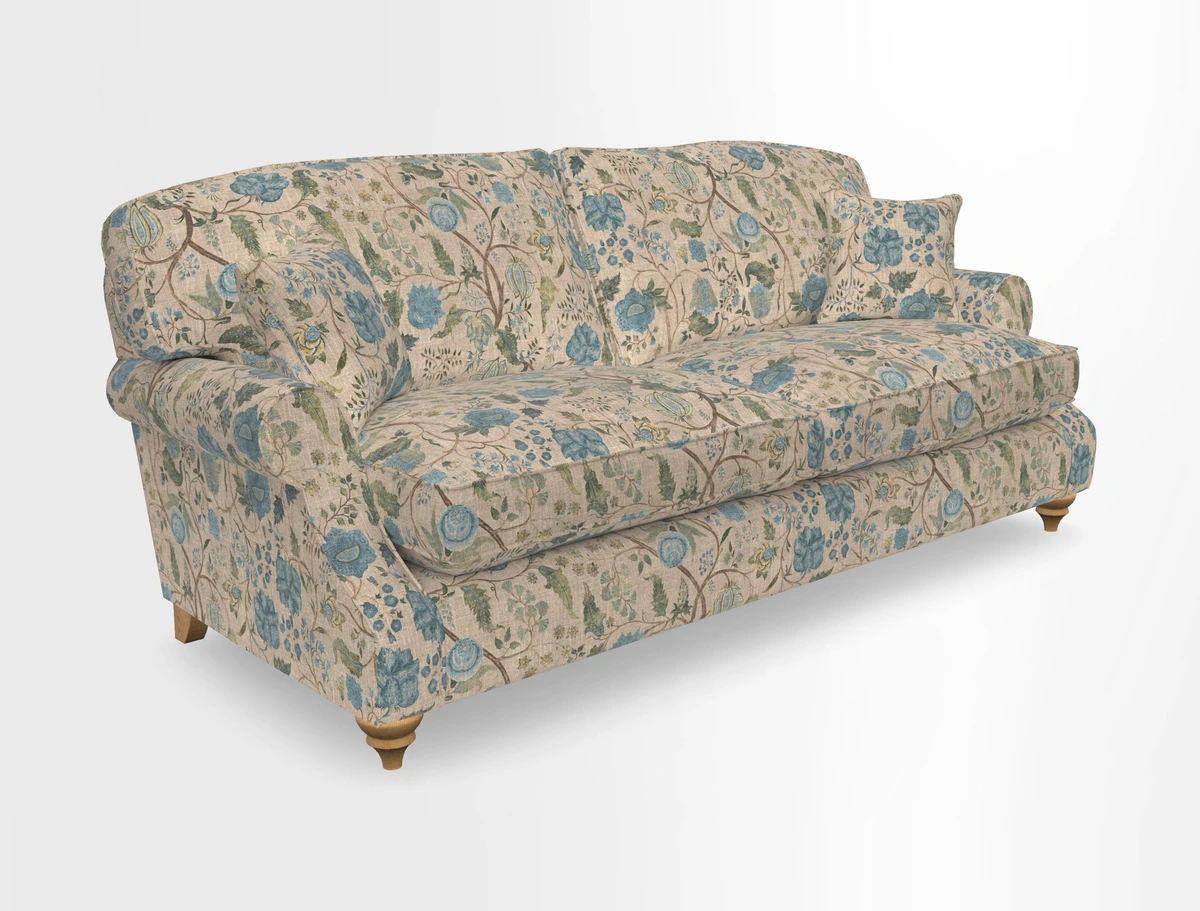 St Mawes 3 Seater Sofa in RHS Collection Gertrude Jekyll Trailing Vine Green-With-Scatters in Linwood Omega Velvet Hunter Green