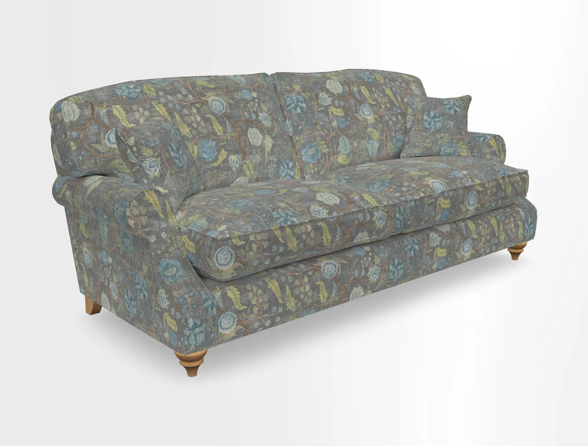 St Mawes 3 Seater Sofa in RHS Collection Gertrude Jekyll Trailing Vine Green-With-Scatters in Linwood Omega Velvet Hunter Green
