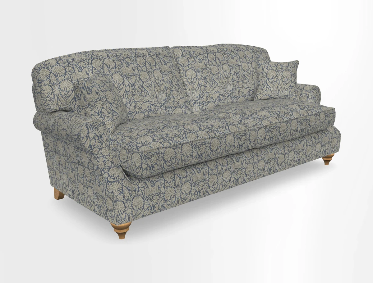 St Mawes 3 Seater Sofa in RHS Collection Gertrude Jekyll Trailing Vine Green-With-Scatters in Linwood Omega Velvet Hunter Green