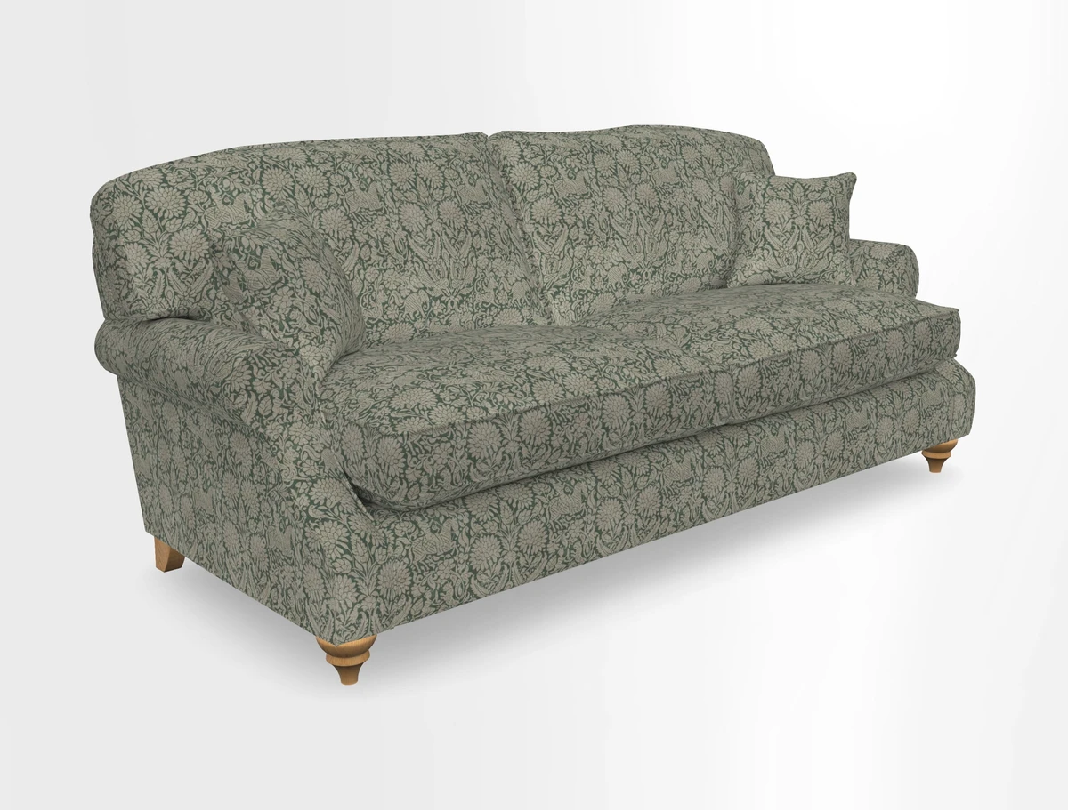 St Mawes 3 Seater Sofa in RHS Collection Gertrude Jekyll Trailing Vine Green-With-Scatters in Linwood Omega Velvet Hunter Green