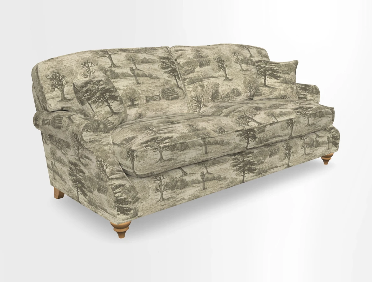 St Mawes 3 Seater Sofa in RHS Collection Gertrude Jekyll Trailing Vine Green-With-Scatters in Linwood Omega Velvet Hunter Green