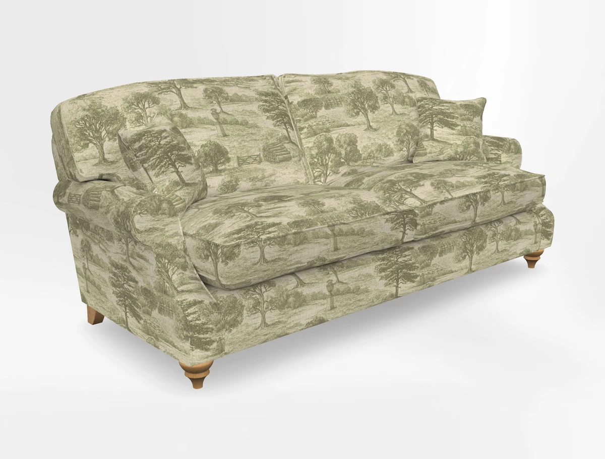 St Mawes 3 Seater Sofa in RHS Collection Gertrude Jekyll Trailing Vine Green-With-Scatters in Linwood Omega Velvet Hunter Green