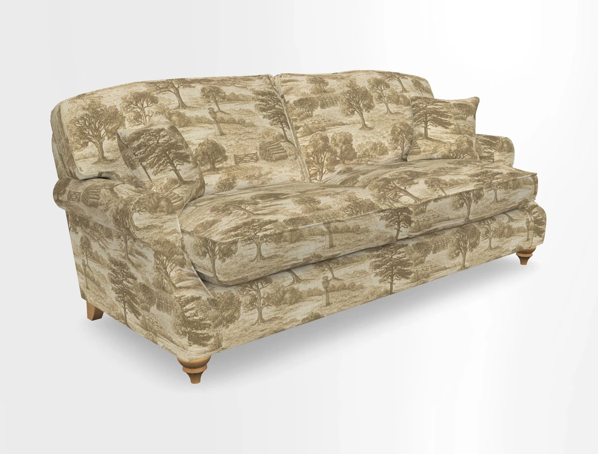 St Mawes 3 Seater Sofa in RHS Collection Gertrude Jekyll Trailing Vine Green-With-Scatters in Linwood Omega Velvet Hunter Green
