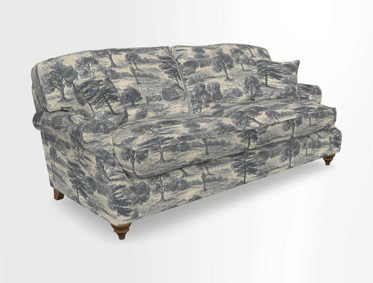 St Mawes 3 Seater Sofa in RHS Collection Gertrude Jekyll Trailing Vine Green-With-Scatters in Linwood Omega Velvet Hunter Green