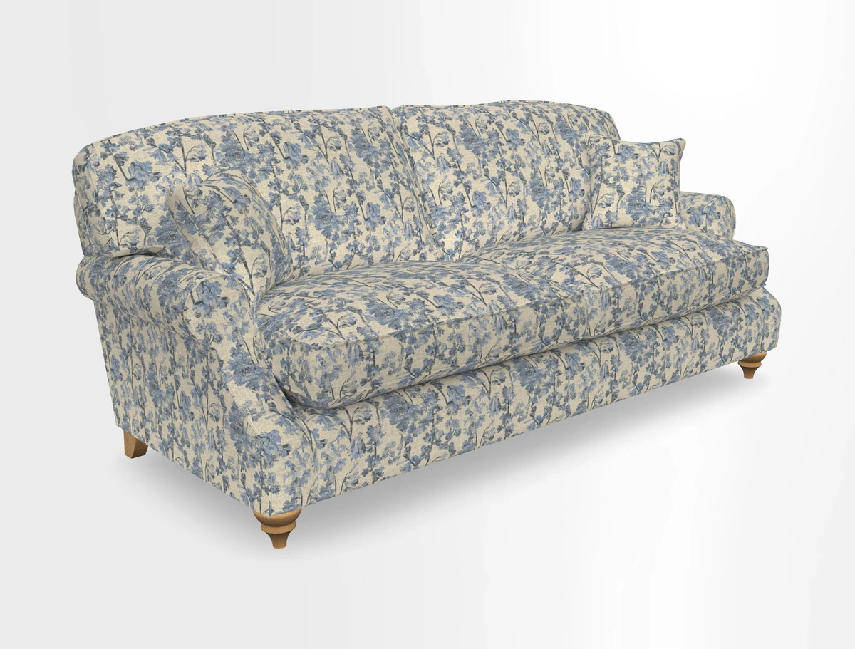 St Mawes 3 Seater Sofa in RHS Collection Gertrude Jekyll Trailing Vine Green-With-Scatters in Linwood Omega Velvet Hunter Green