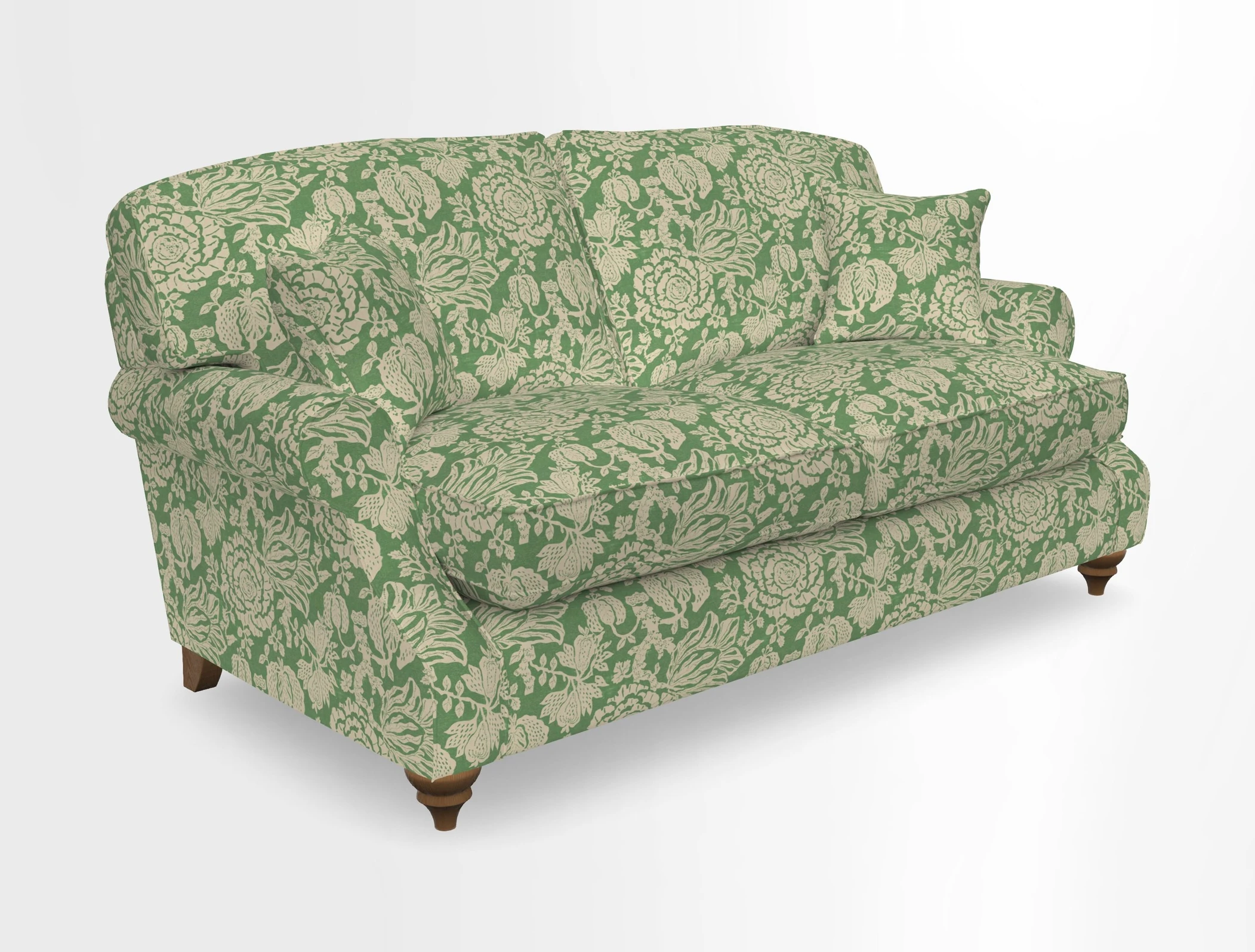 St Mawes 3 Seater Sofa in RHS Collection Gertrude Jekyll Trailing Vine Green-With-Scatters in Linwood Omega Velvet Hunter Green