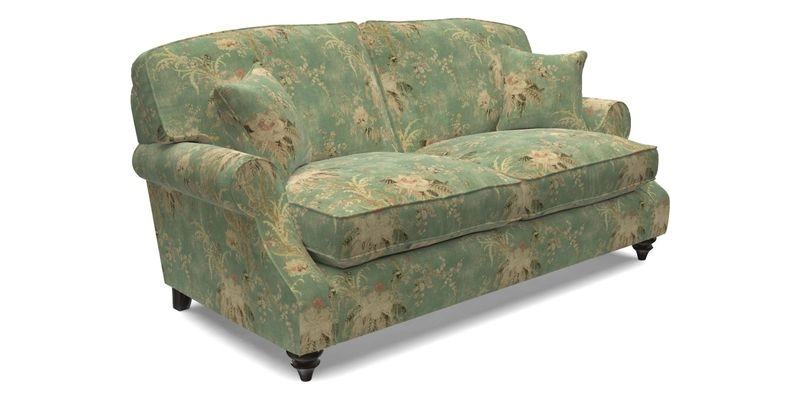 St Mawes 3 Seater Sofa in RHS Collection Gertrude Jekyll Trailing Vine Green-With-Scatters in Linwood Omega Velvet Hunter Green