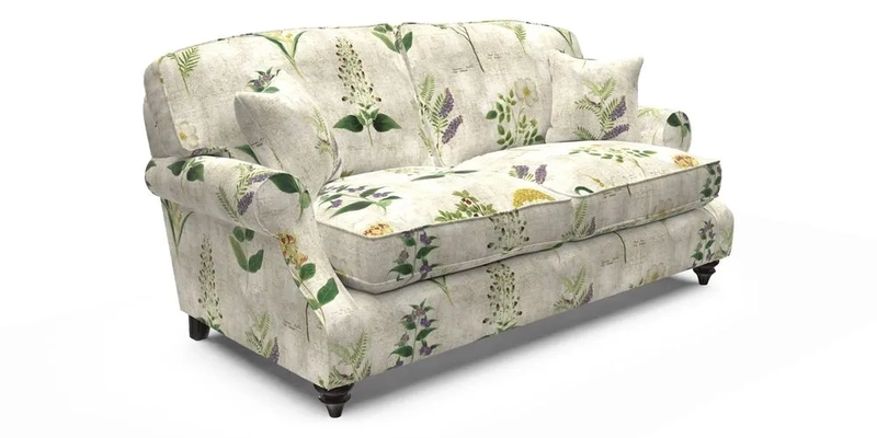 St Mawes 3 Seater Sofa in RHS Collection Gertrude Jekyll Trailing Vine Green-With-Scatters in Linwood Omega Velvet Hunter Green
